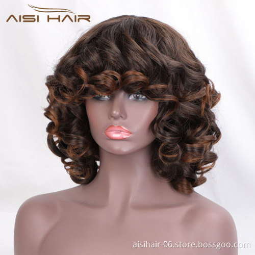 Aisi Hair Vendor Cheap Wholesale Curly Loose Wave Short Bob Ombre Brown Wig With Bangs For Black Women Synthetic Hair Wigs